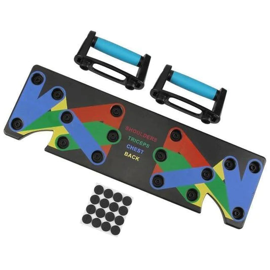 9 in 1 Power Pushup Board, includes the board, two handles, and non-slip sticky adhesives